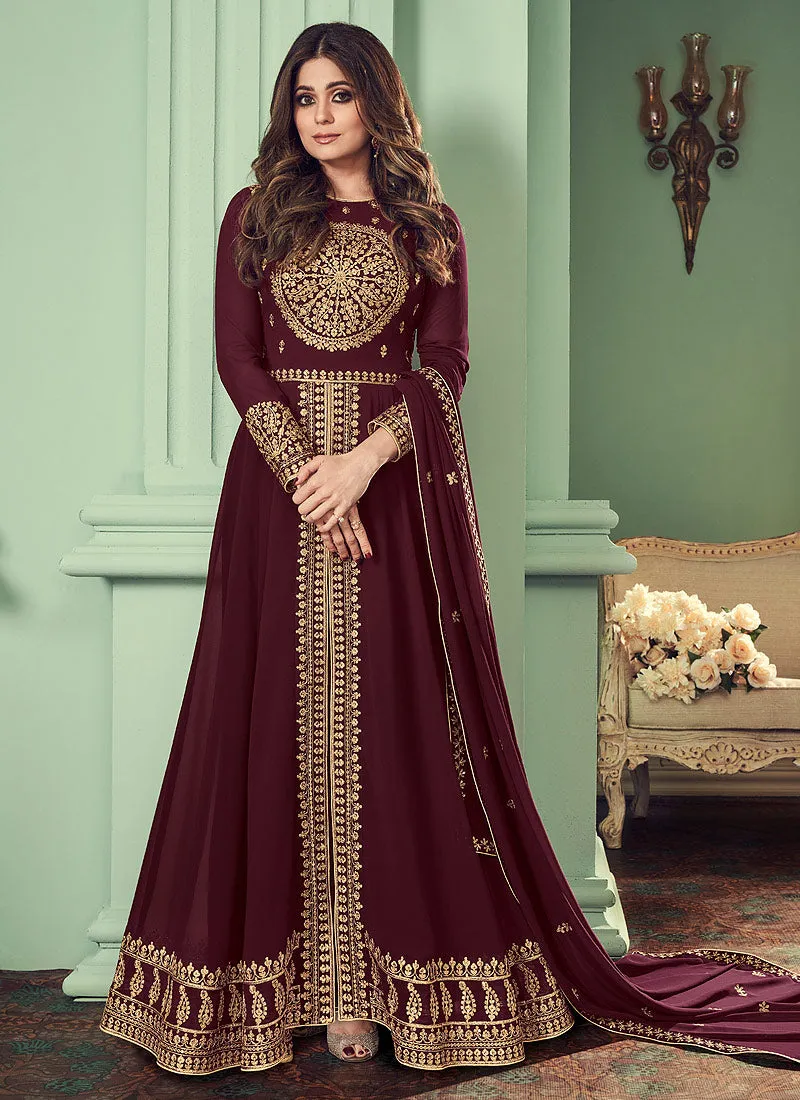 Maroon Golden Embroidered Slit Style Anarkali Pant Suit
