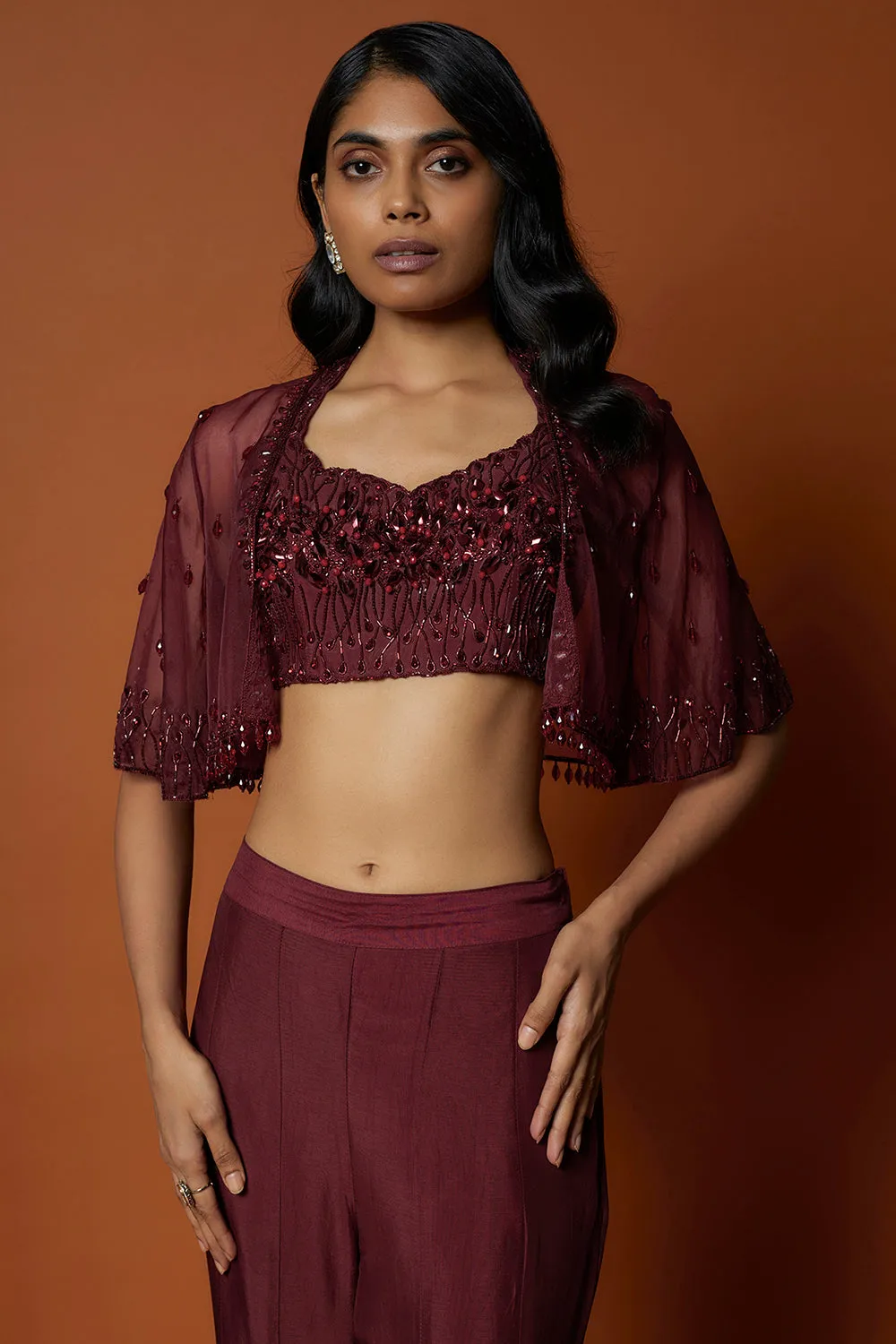 Maroon Red Embroidered Choli, Sharara, Short Jacket Set