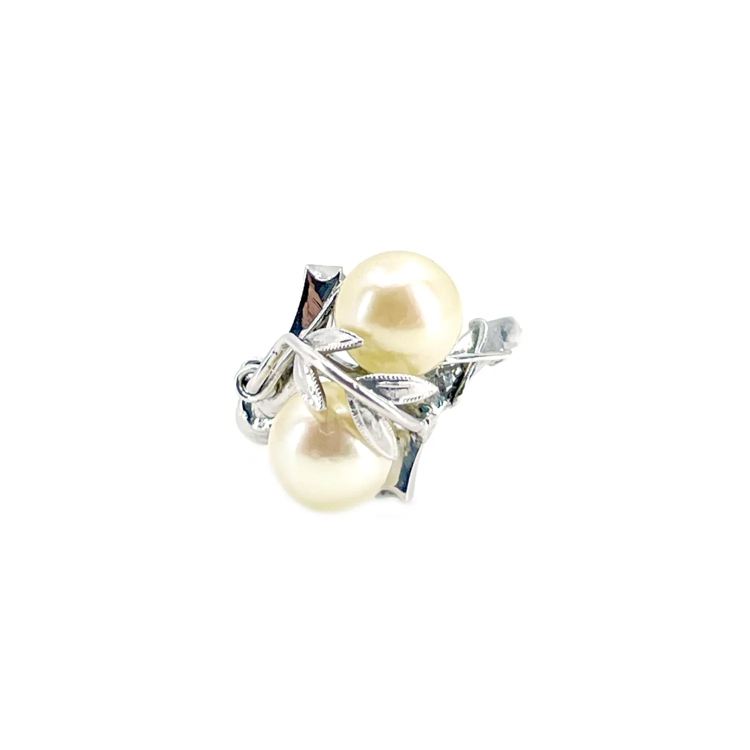 Maruwa Leafy Japanese Saltwater Akoya Cultured Double Pearl Ring- Sterling Silver Sz 8