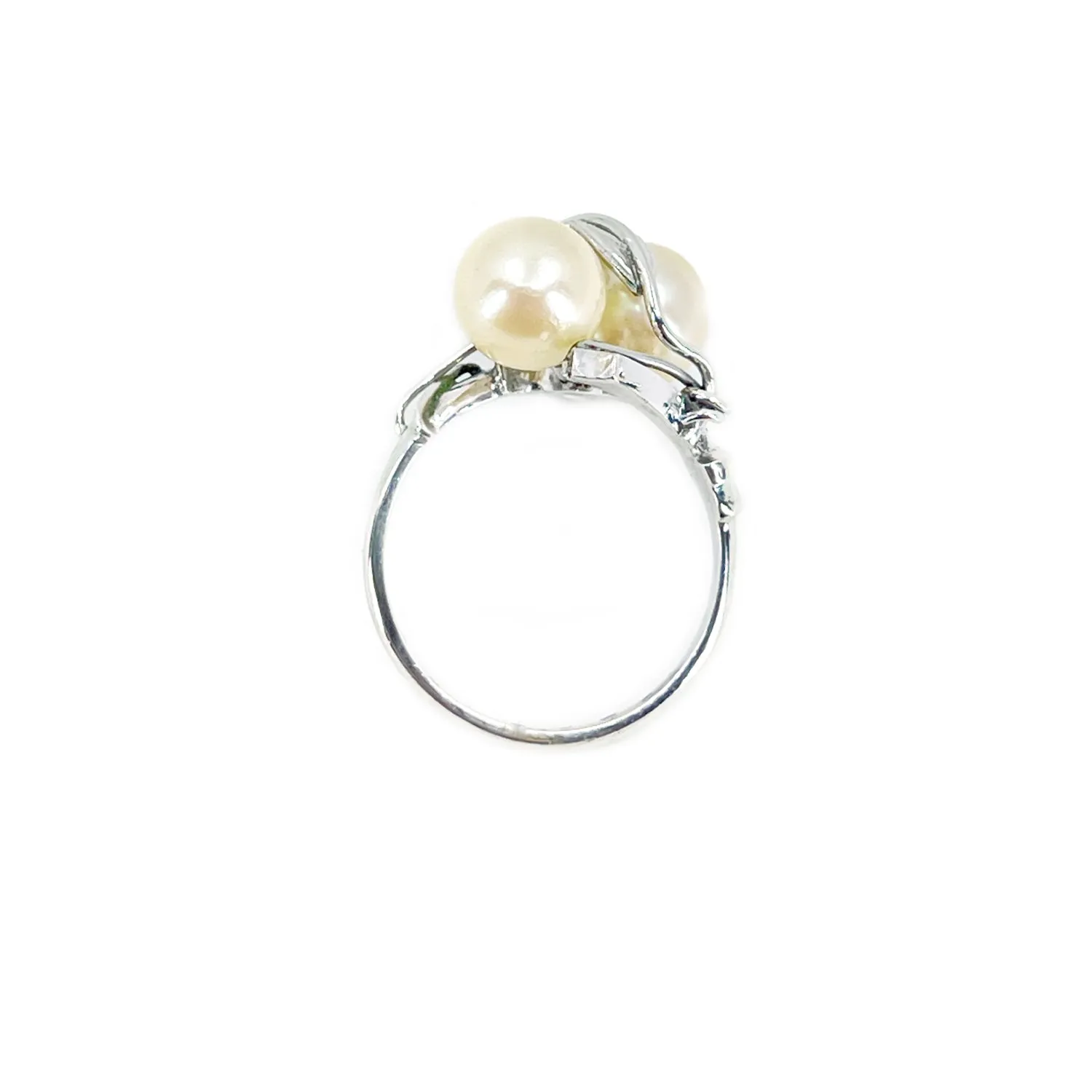 Maruwa Leafy Japanese Saltwater Akoya Cultured Double Pearl Ring- Sterling Silver Sz 8