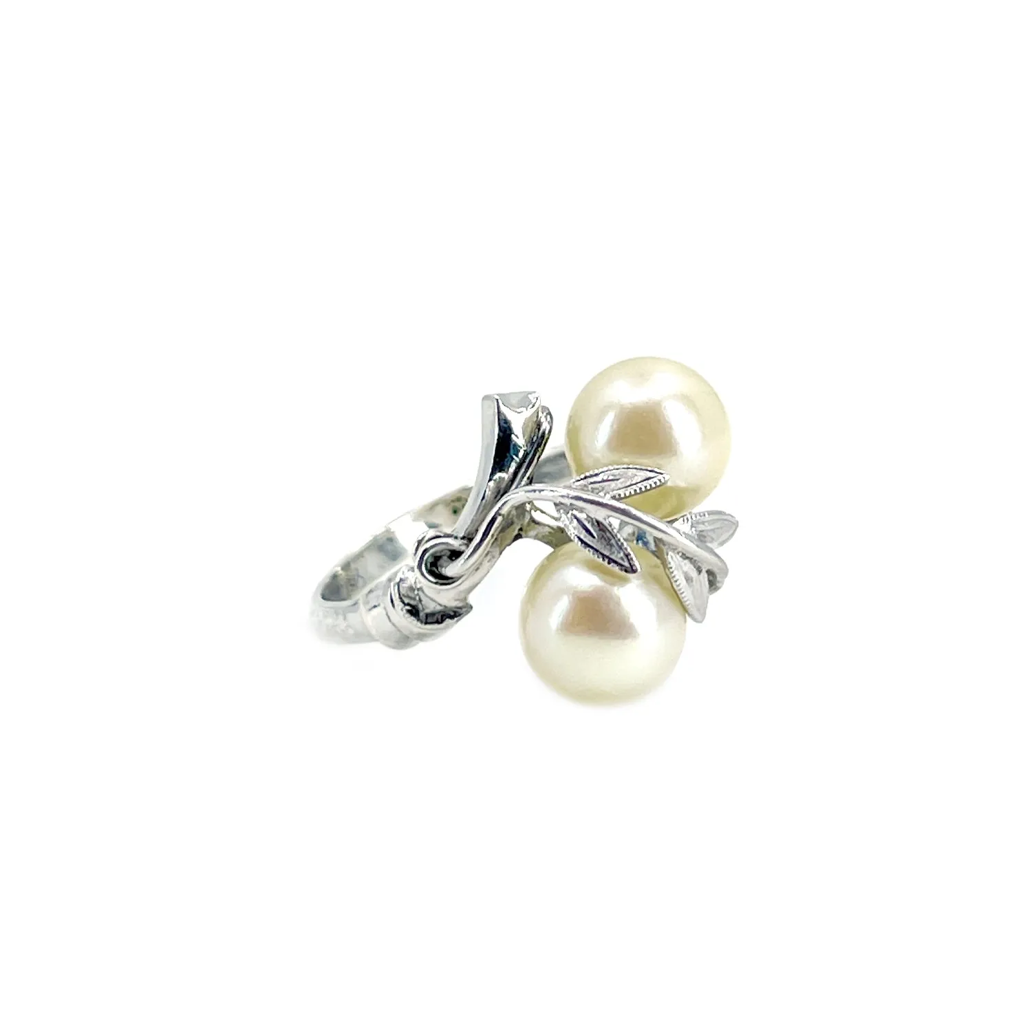Maruwa Leafy Japanese Saltwater Akoya Cultured Double Pearl Ring- Sterling Silver Sz 8