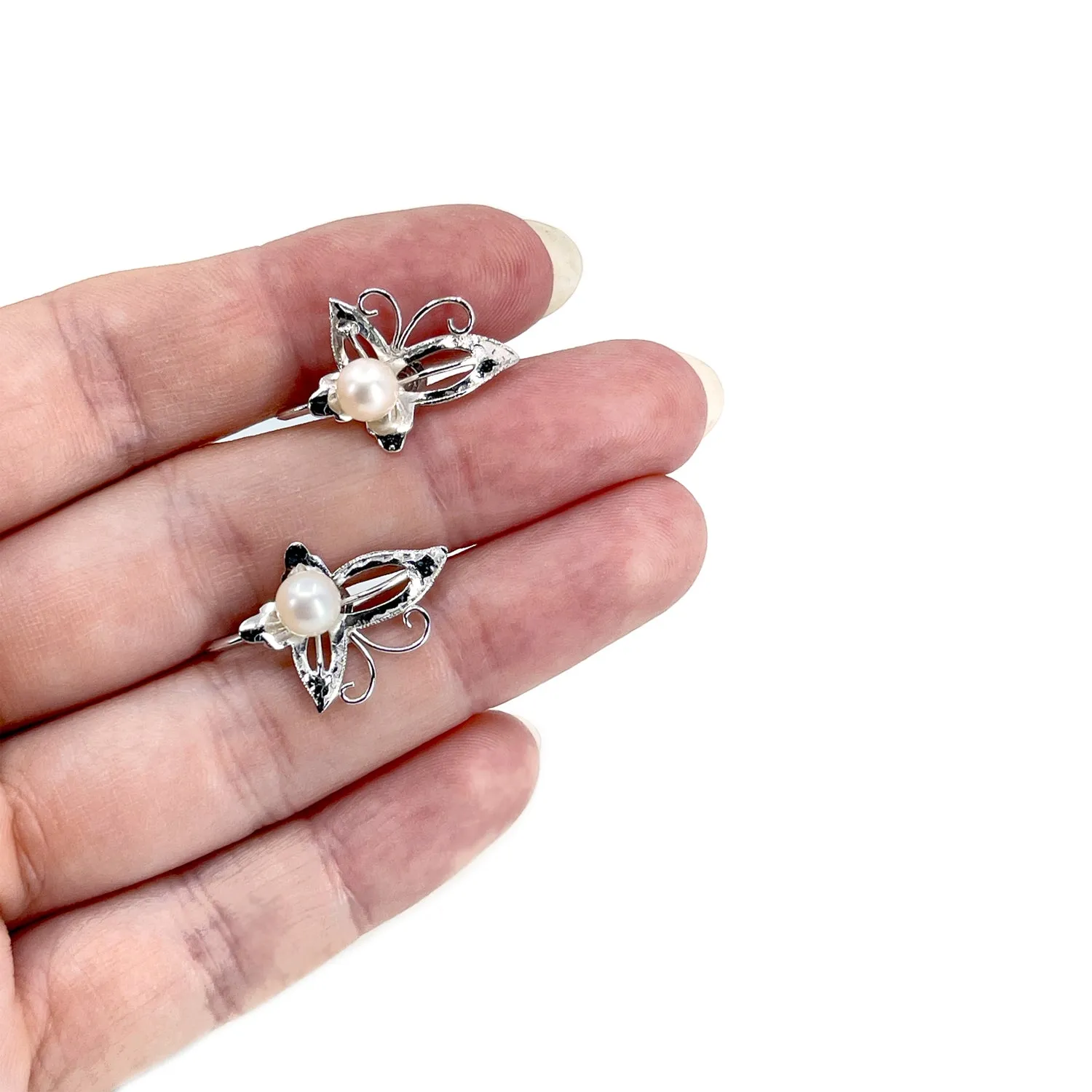 Maruwa Vintage Designer Akoya Saltwater Cultured Pearl Vintage Screwback Butterfly Earrings- Sterling Silver