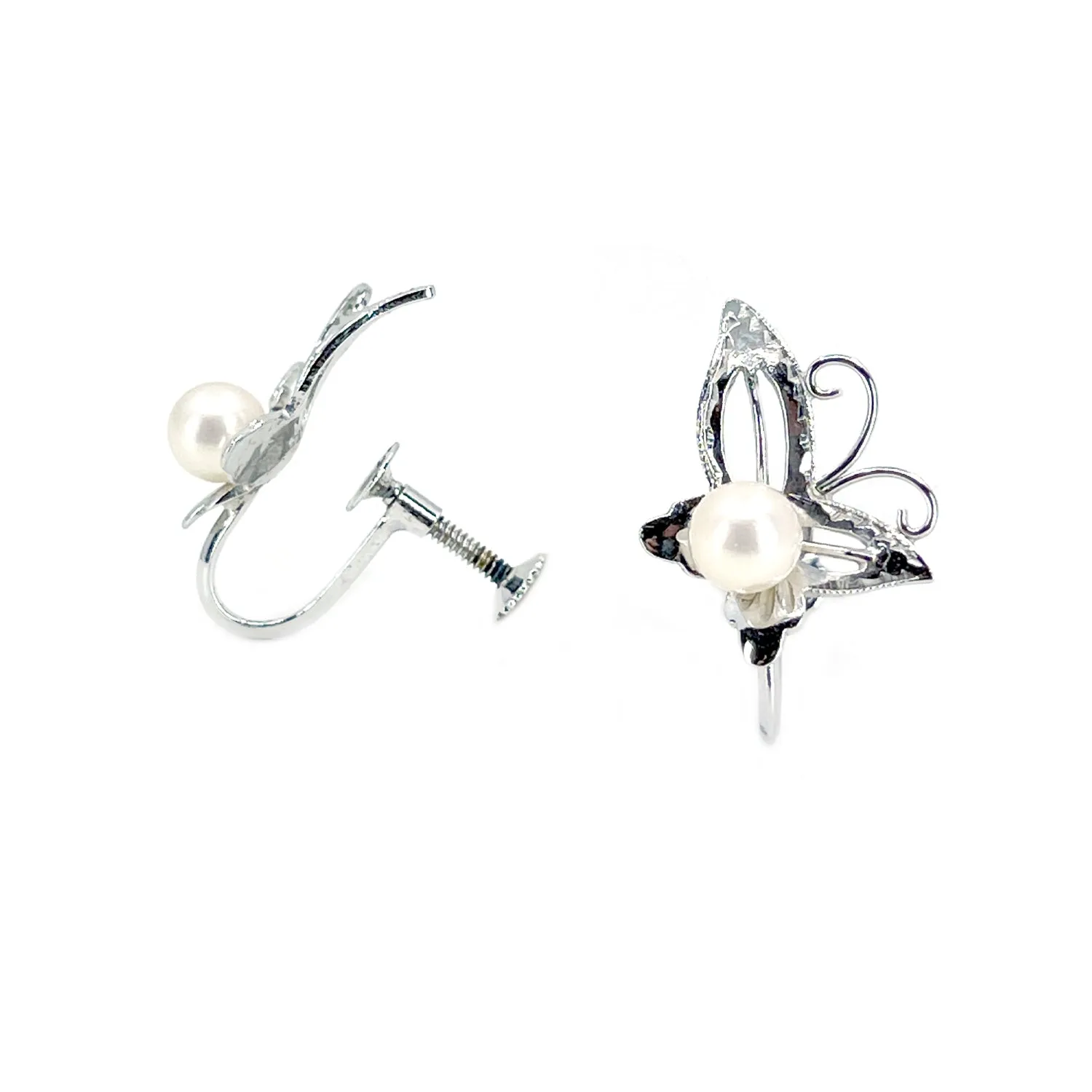 Maruwa Vintage Designer Akoya Saltwater Cultured Pearl Vintage Screwback Butterfly Earrings- Sterling Silver