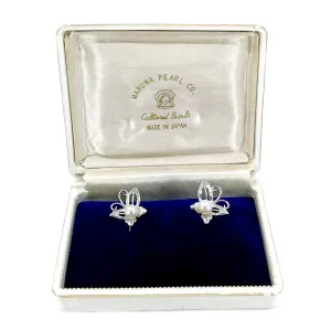 Maruwa Vintage Designer Akoya Saltwater Cultured Pearl Vintage Screwback Butterfly Earrings- Sterling Silver