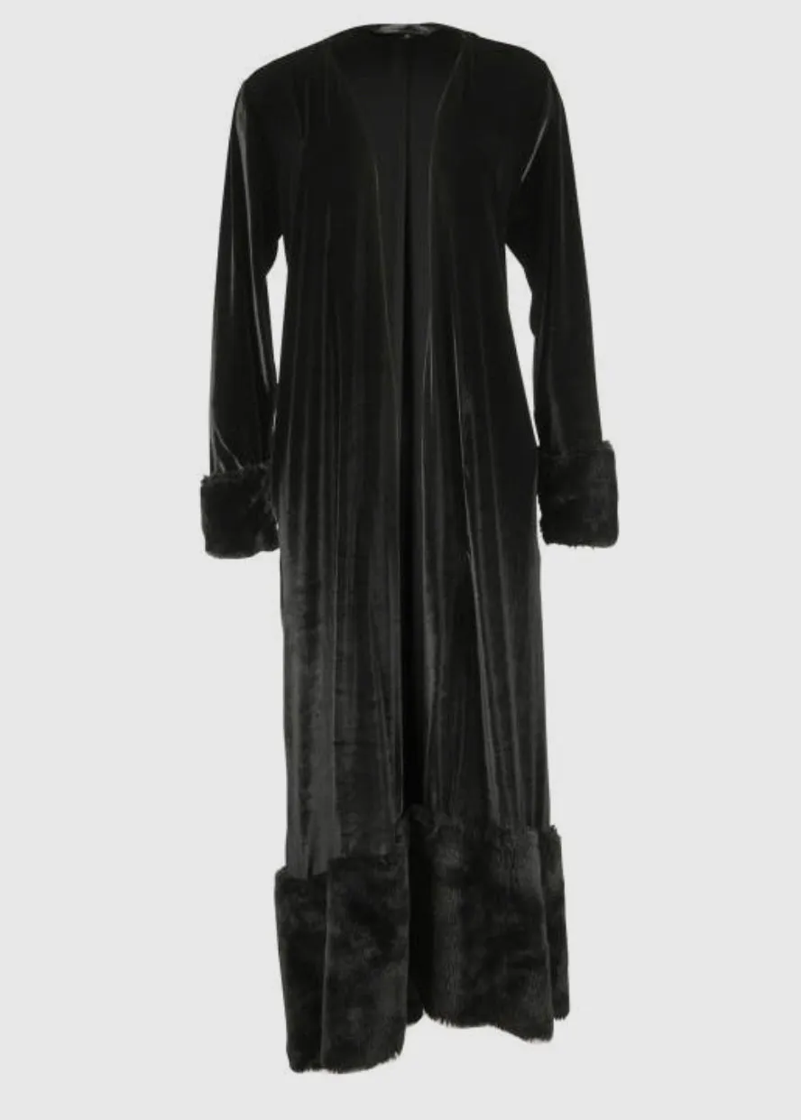 Maxi Black Velvet Coat Faux Fur M