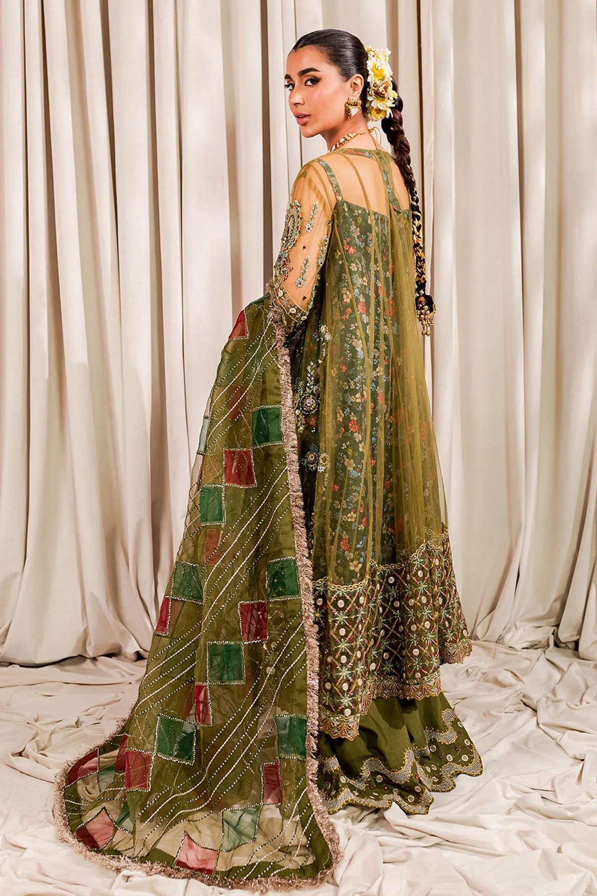 Mehndi Green Multicolored Pakistani Kameez Sharara Wedding Dress