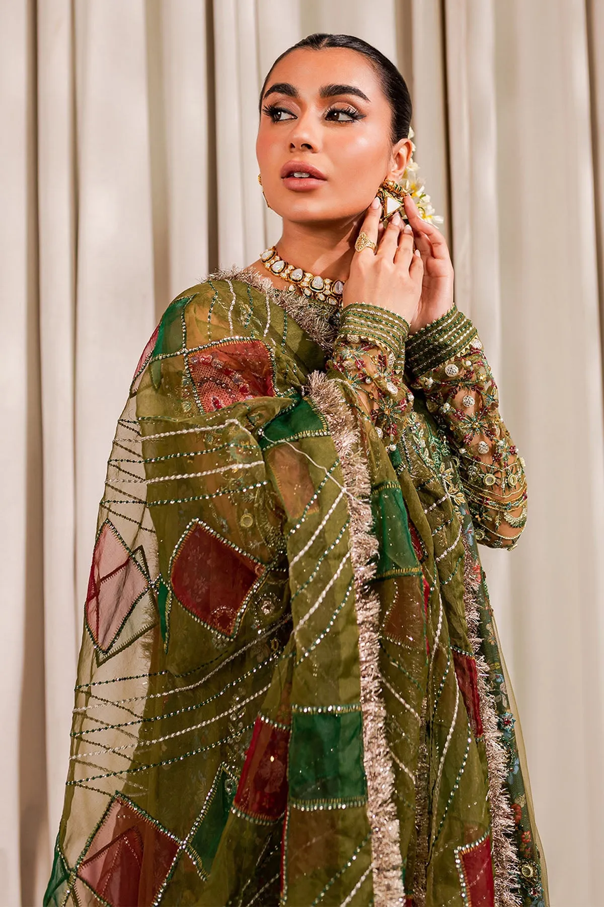 Mehndi Green Multicolored Pakistani Kameez Sharara Wedding Dress
