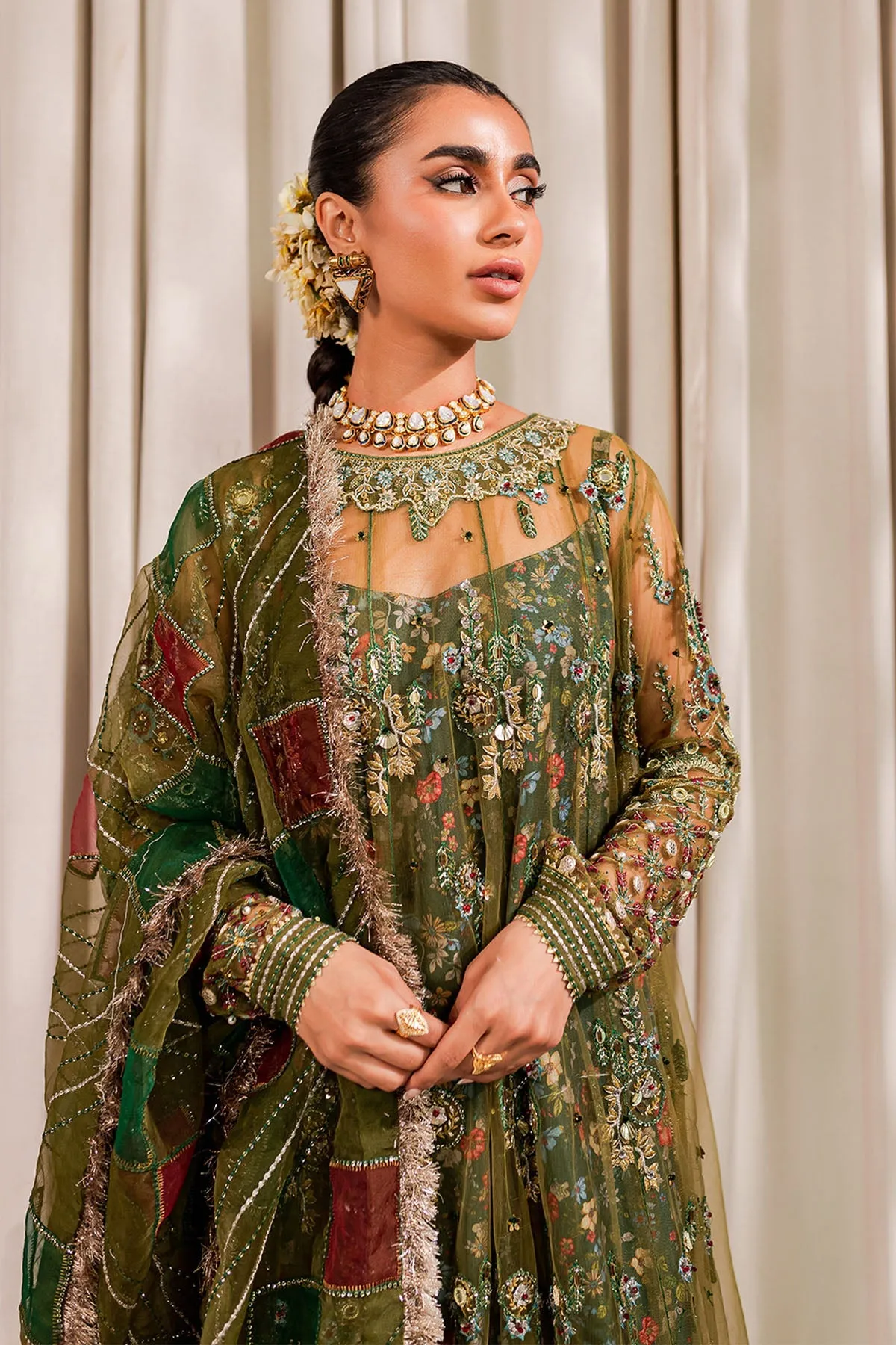 Mehndi Green Multicolored Pakistani Kameez Sharara Wedding Dress