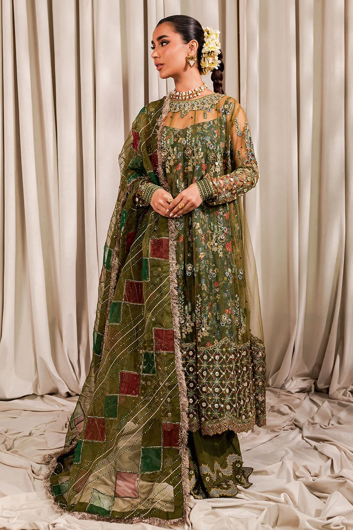 Mehndi Green Multicolored Pakistani Kameez Sharara Wedding Dress