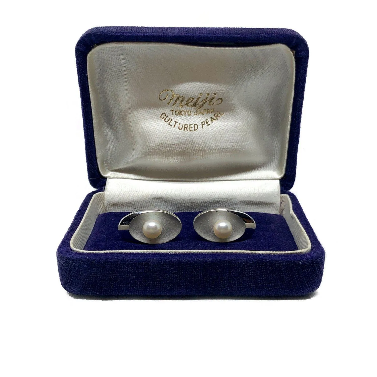 Meiji Designer Japanese Cultured Akoya Pearl Round Mid Century Cufflinks- Sterling Silver