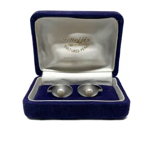 Meiji Designer Japanese Cultured Akoya Pearl Round Mid Century Cufflinks- Sterling Silver