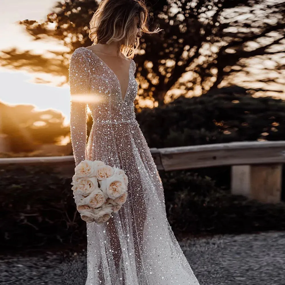 Mermaid Wedding Dresses Glitter V-neck Tulle Sweep Train Bridal Gown