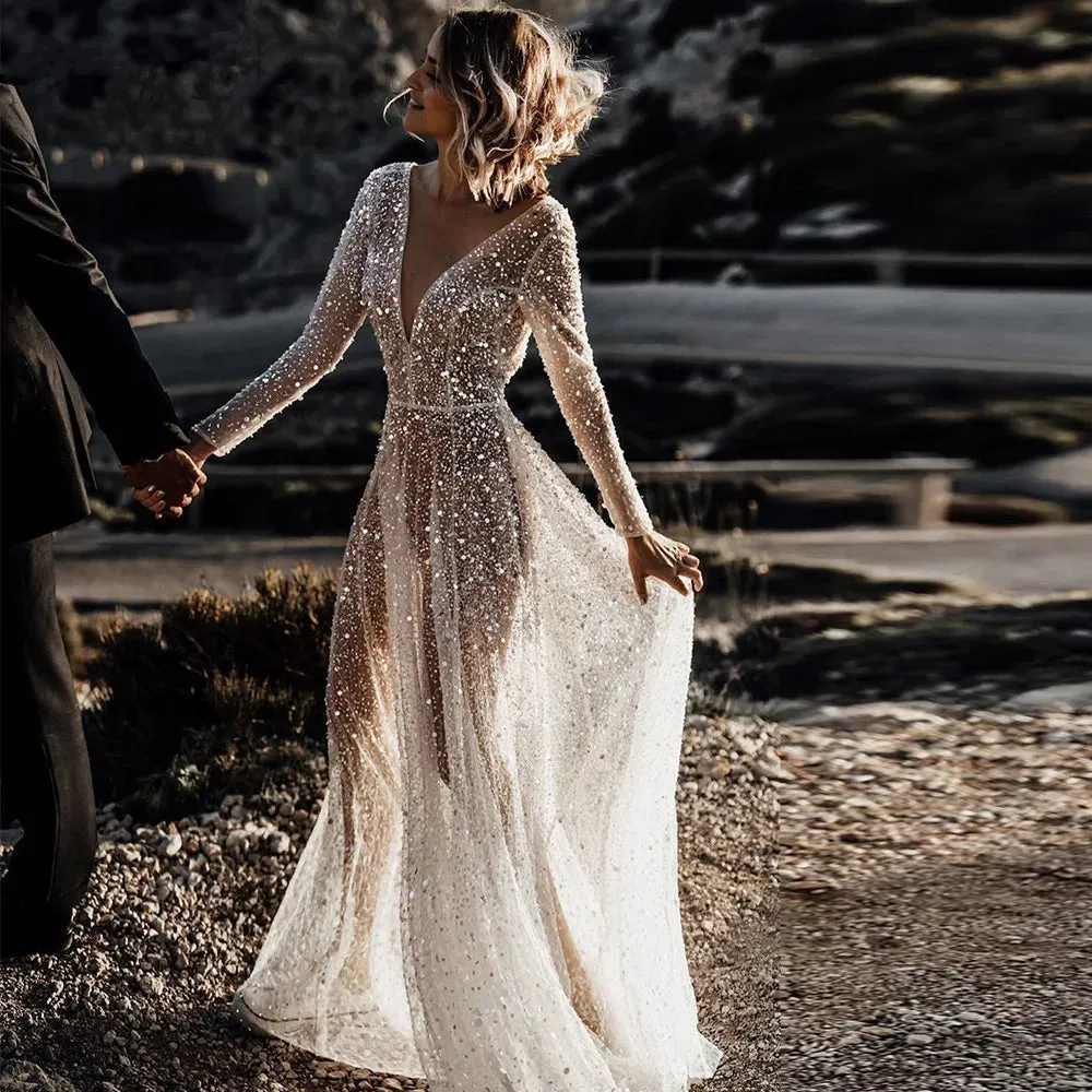 Mermaid Wedding Dresses Glitter V-neck Tulle Sweep Train Bridal Gown
