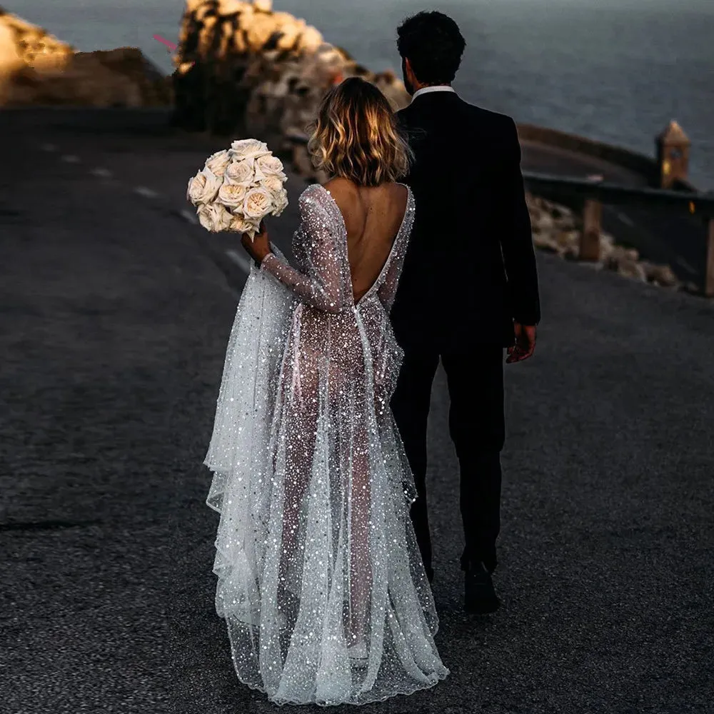 Mermaid Wedding Dresses Glitter V-neck Tulle Sweep Train Bridal Gown