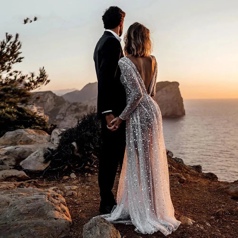 Mermaid Wedding Dresses Glitter V-neck Tulle Sweep Train Bridal Gown