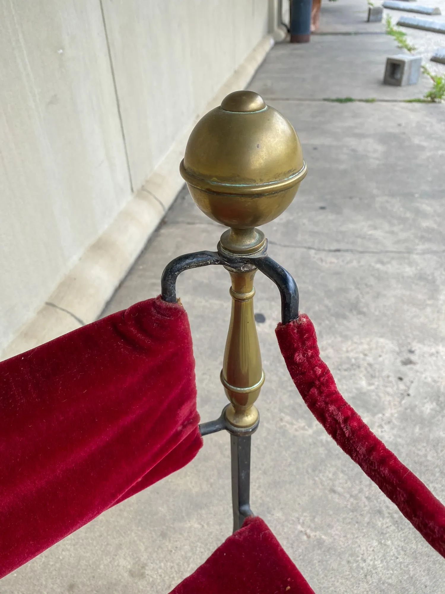 Midcentury Spanish Iron Savonarola Chair with Brass Accents and Red Velvet