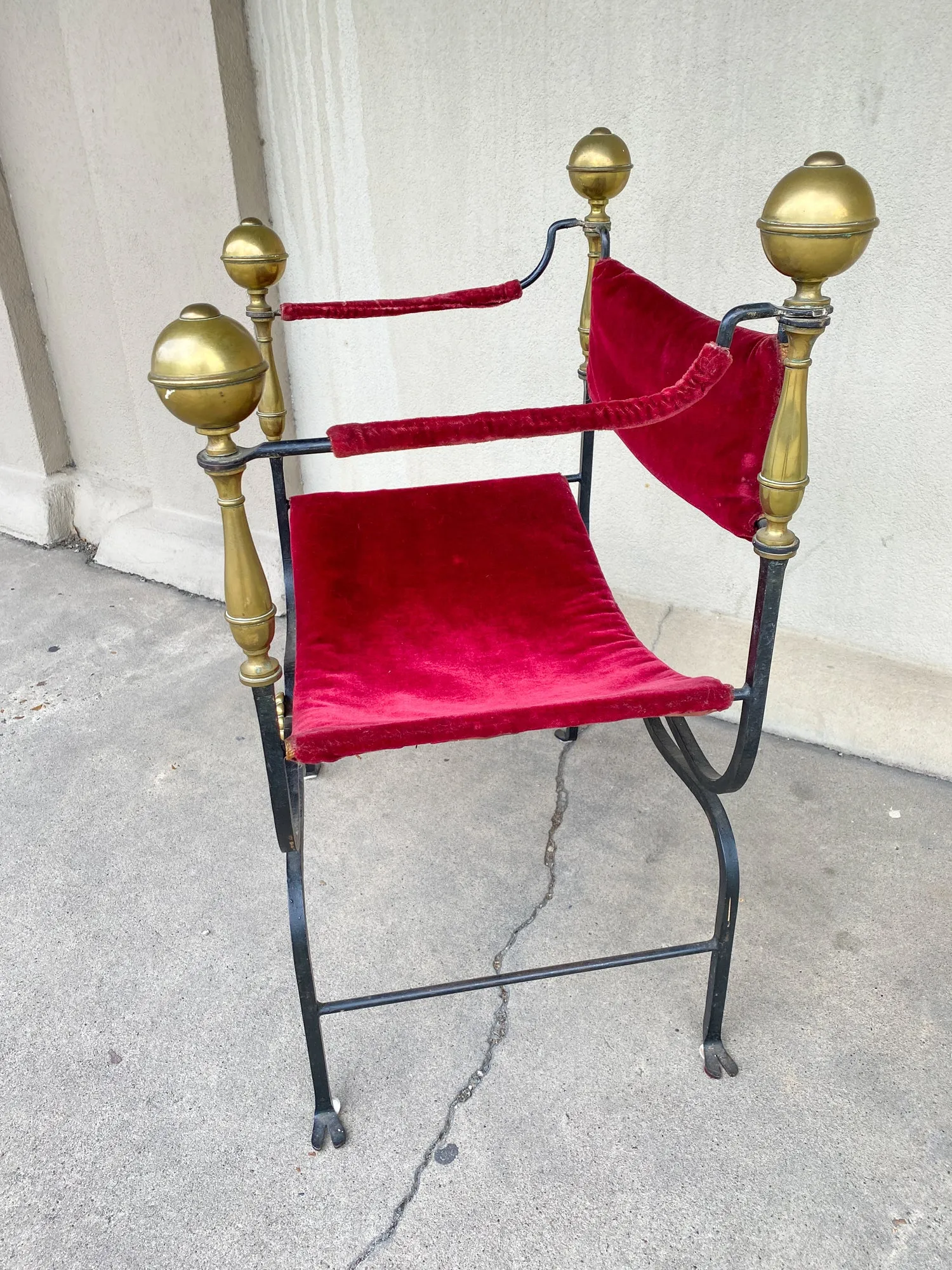 Midcentury Spanish Iron Savonarola Chair with Brass Accents and Red Velvet