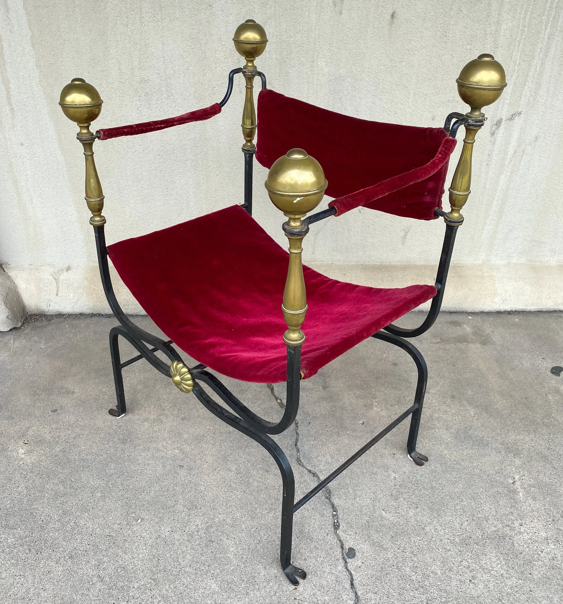 Midcentury Spanish Iron Savonarola Chair with Brass Accents and Red Velvet