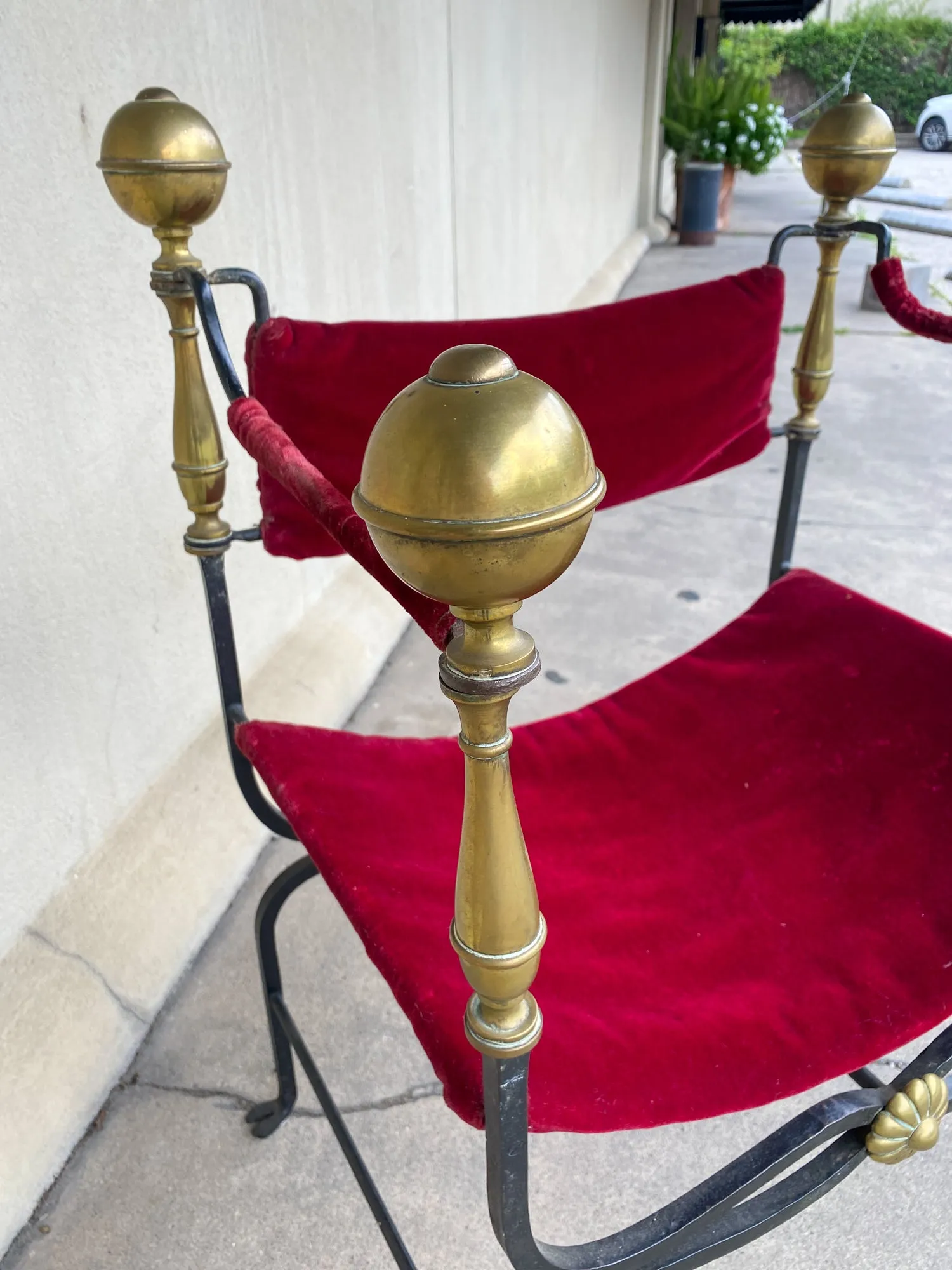Midcentury Spanish Iron Savonarola Chair with Brass Accents and Red Velvet