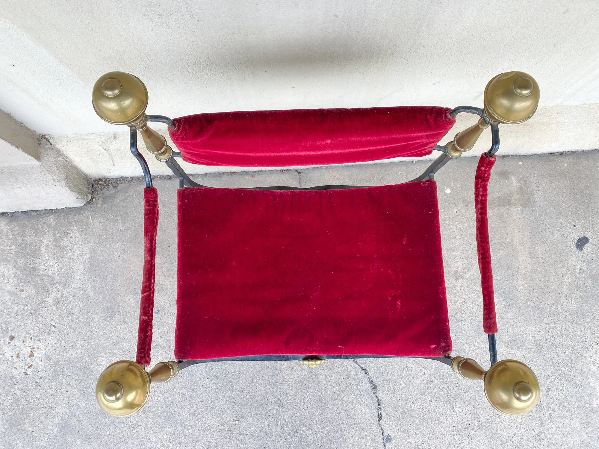 Midcentury Spanish Iron Savonarola Chair with Brass Accents and Red Velvet