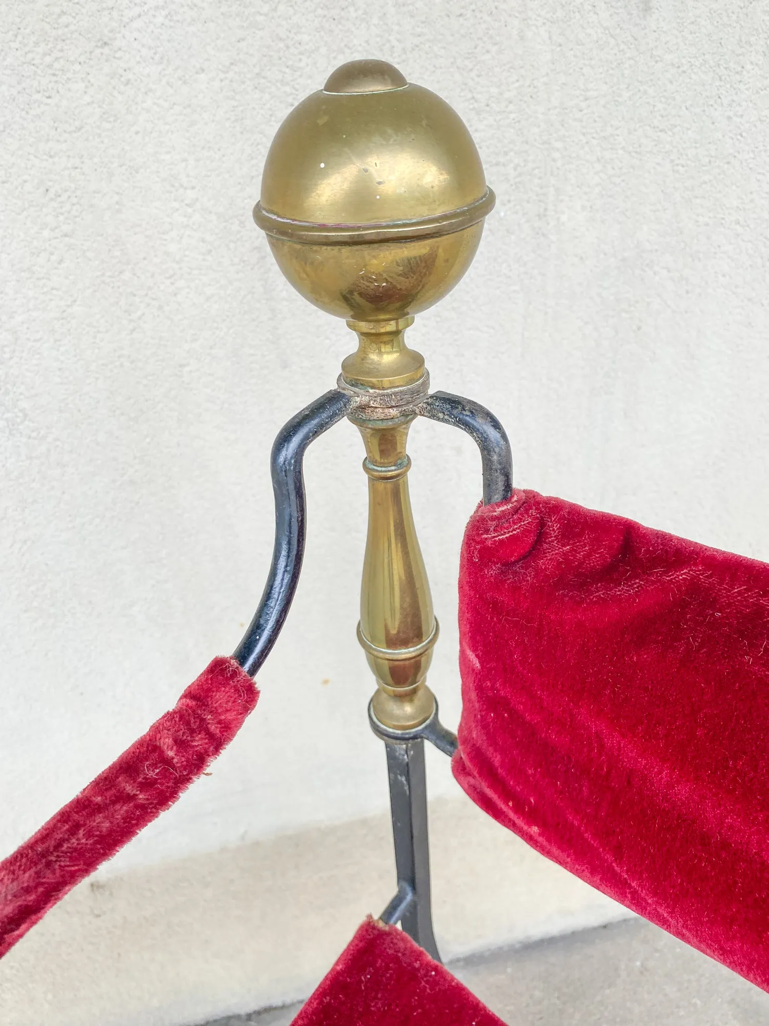Midcentury Spanish Iron Savonarola Chair with Brass Accents and Red Velvet