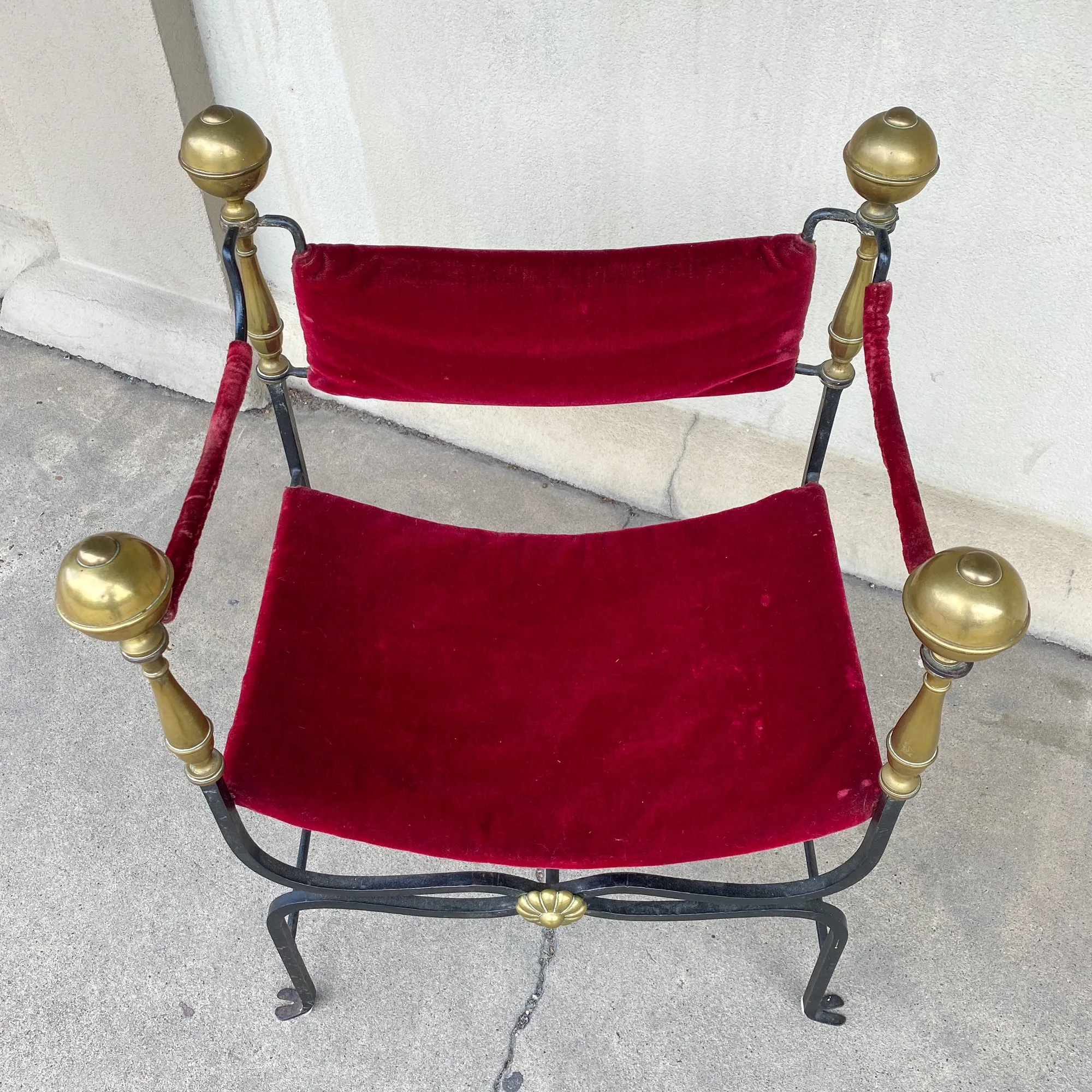 Midcentury Spanish Iron Savonarola Chair with Brass Accents and Red Velvet