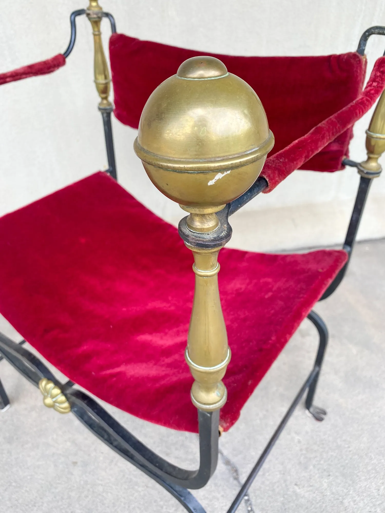 Midcentury Spanish Iron Savonarola Chair with Brass Accents and Red Velvet