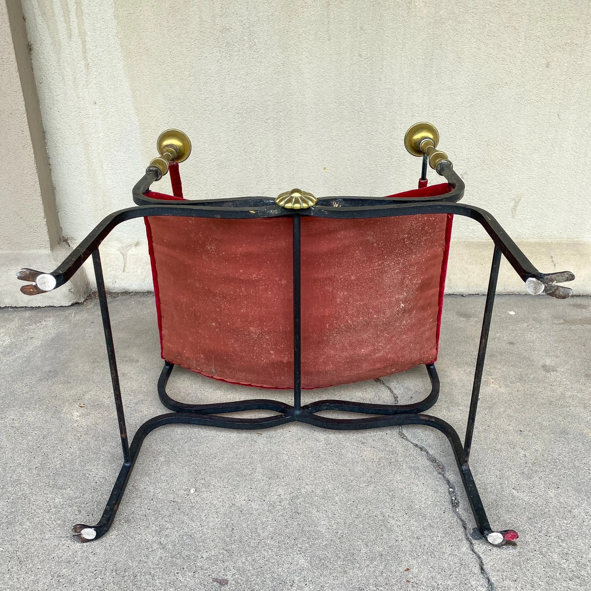 Midcentury Spanish Iron Savonarola Chair with Brass Accents and Red Velvet