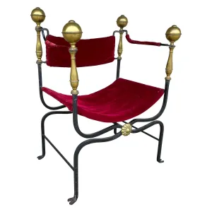 Midcentury Spanish Iron Savonarola Chair with Brass Accents and Red Velvet