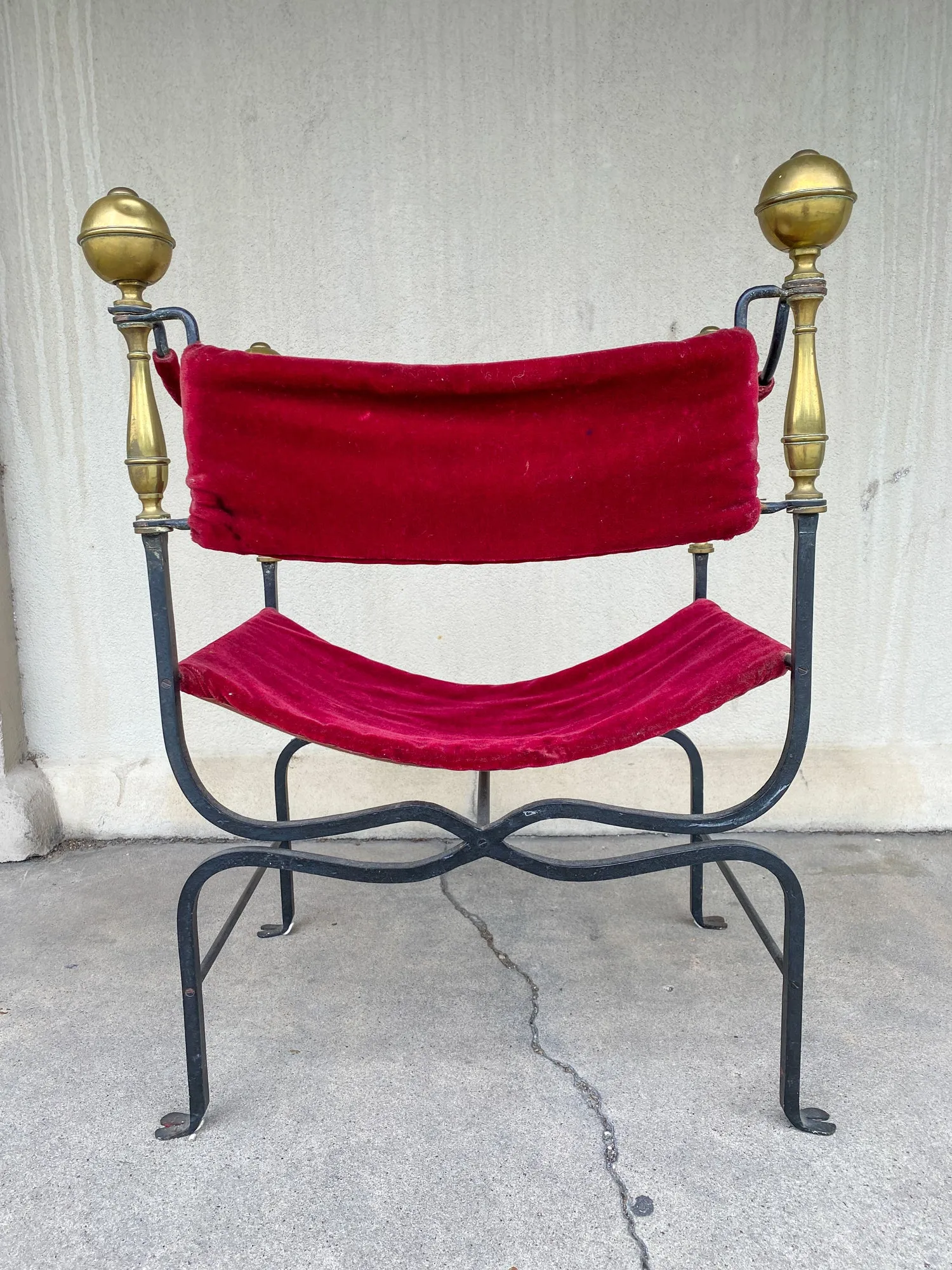 Midcentury Spanish Iron Savonarola Chair with Brass Accents and Red Velvet