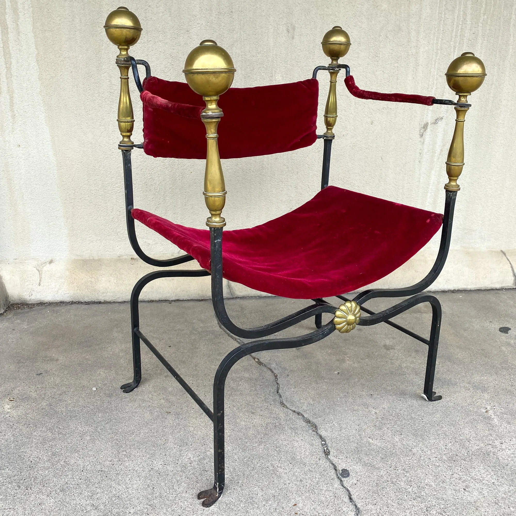 Midcentury Spanish Iron Savonarola Chair with Brass Accents and Red Velvet