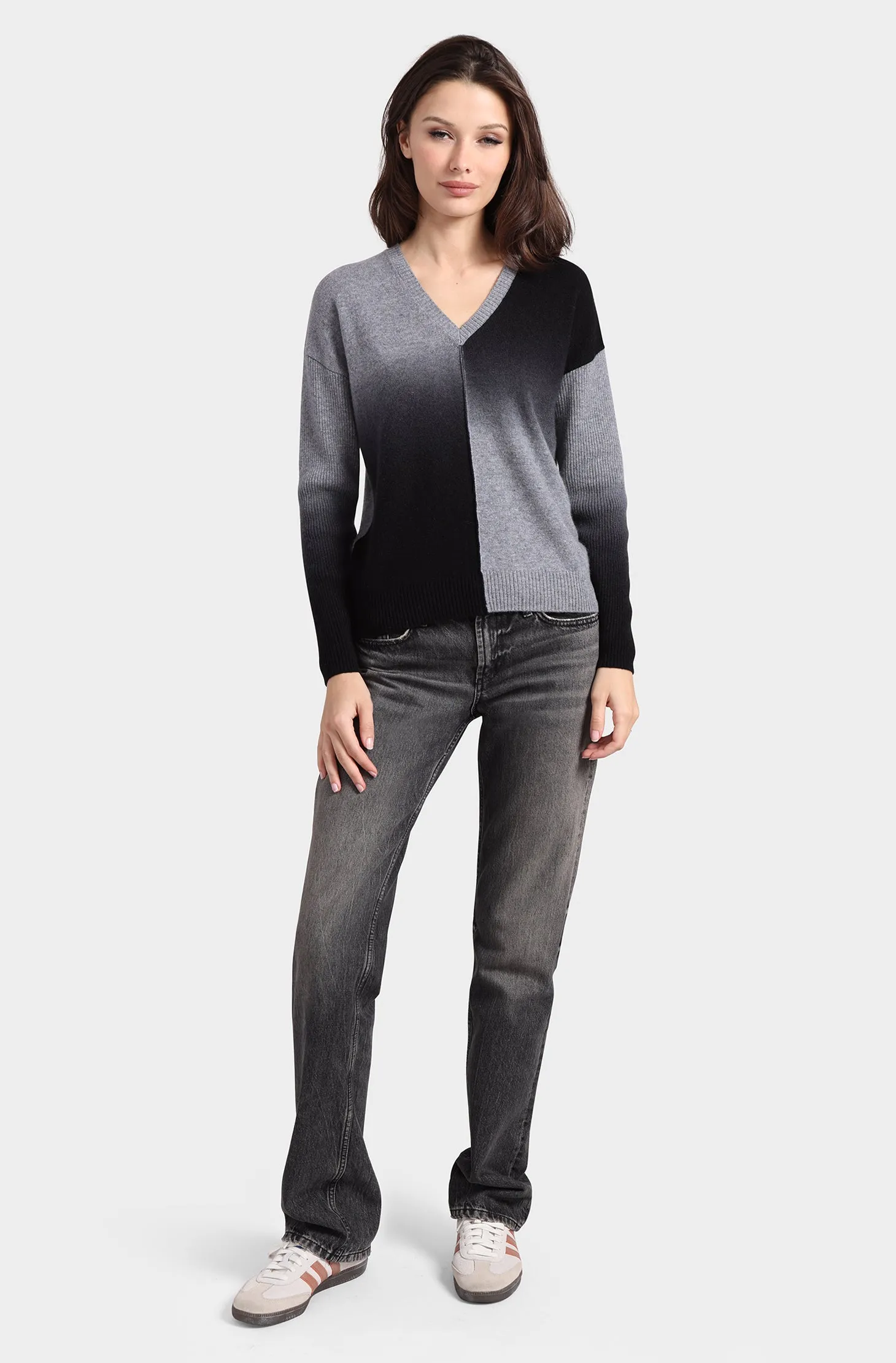 Minnie Rose Cashmere Dip Dye V neck