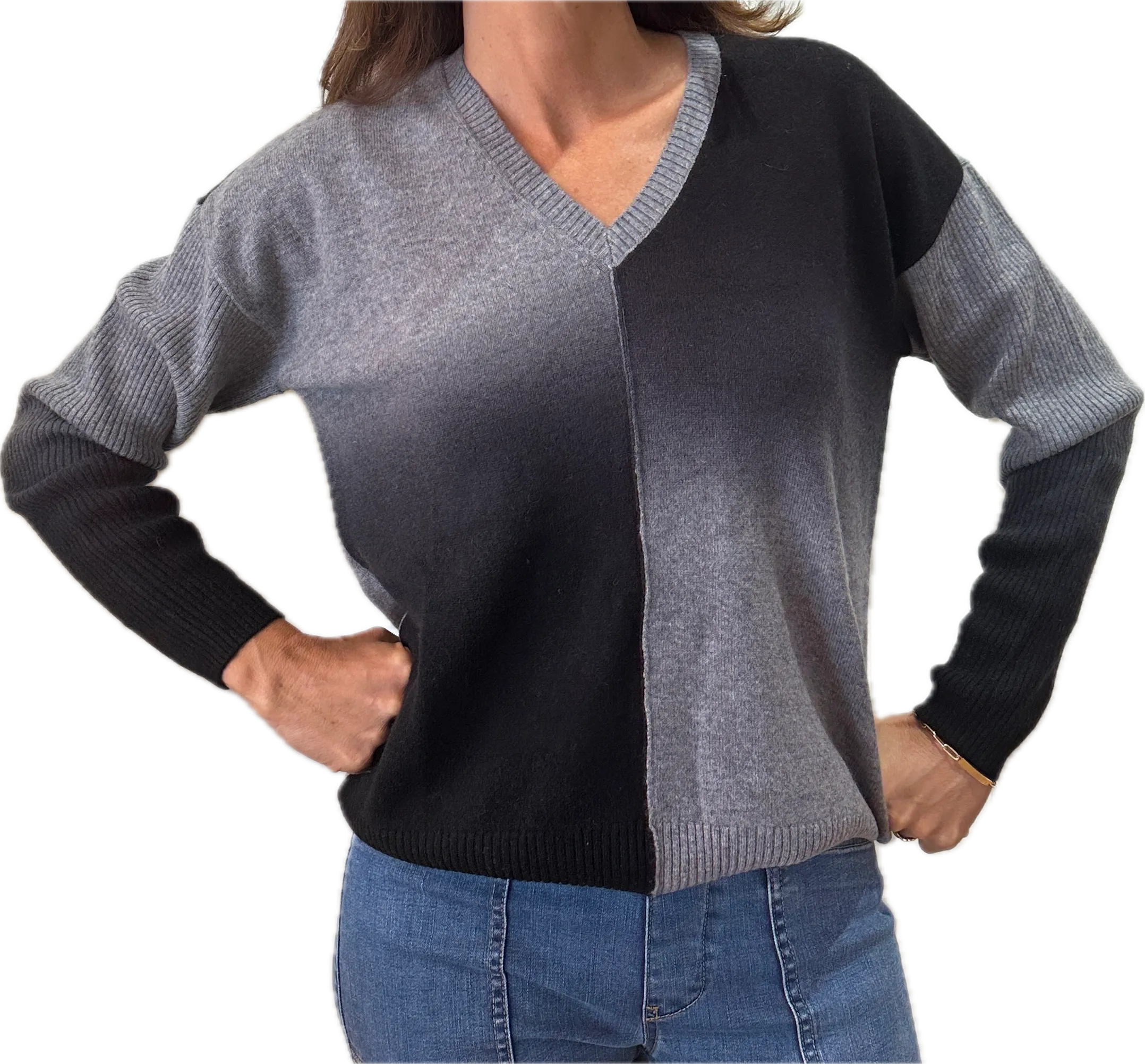 Minnie Rose Cashmere Dip Dye V neck