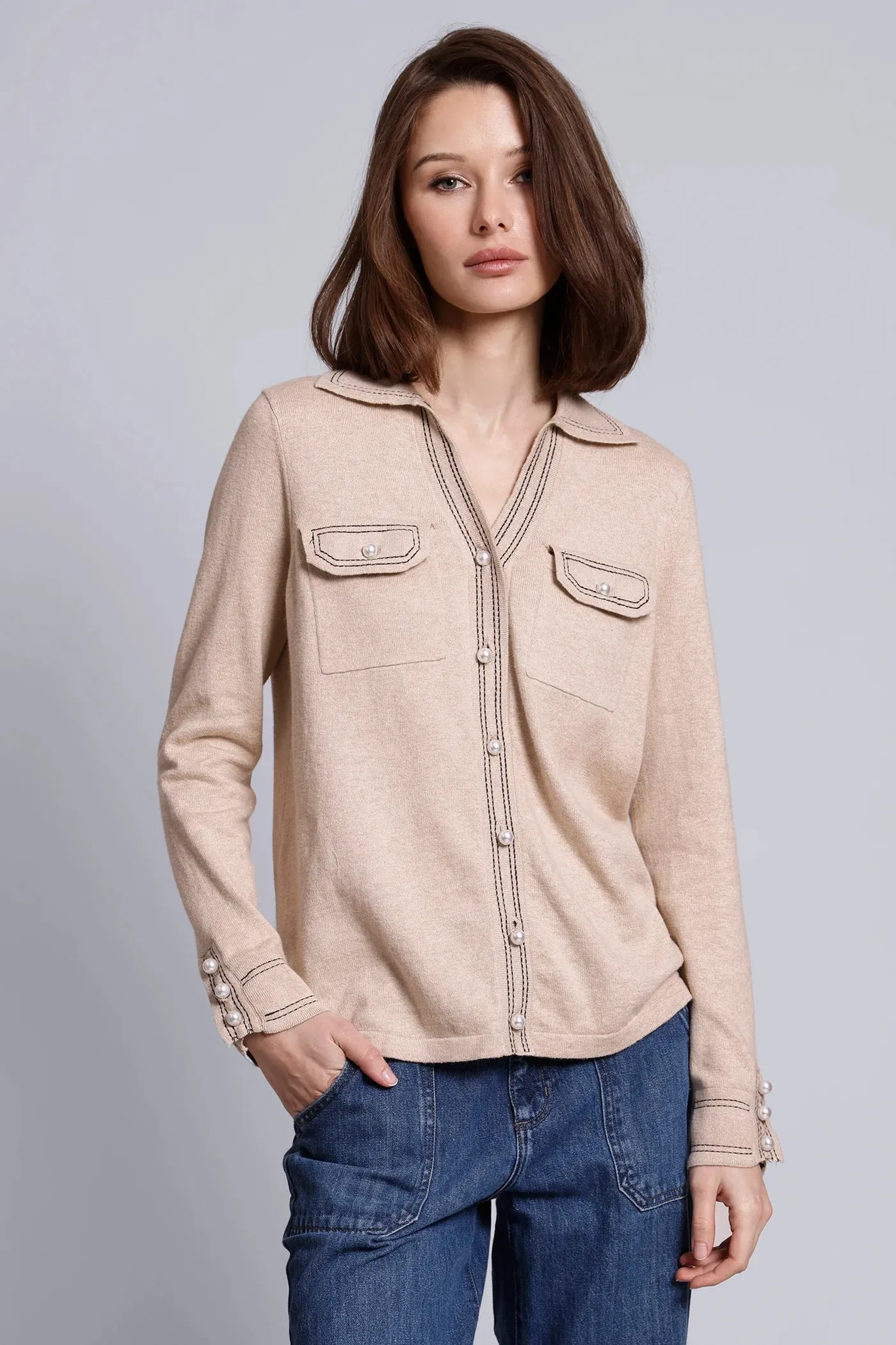 Minnie Rose Pearl Button Shirt with Stitching