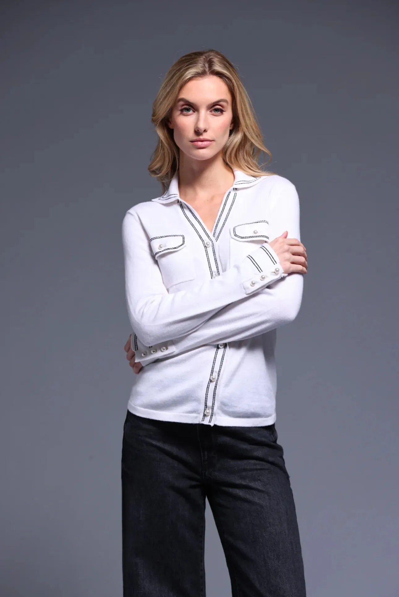 Minnie Rose Pearl Button Shirt with Stitching