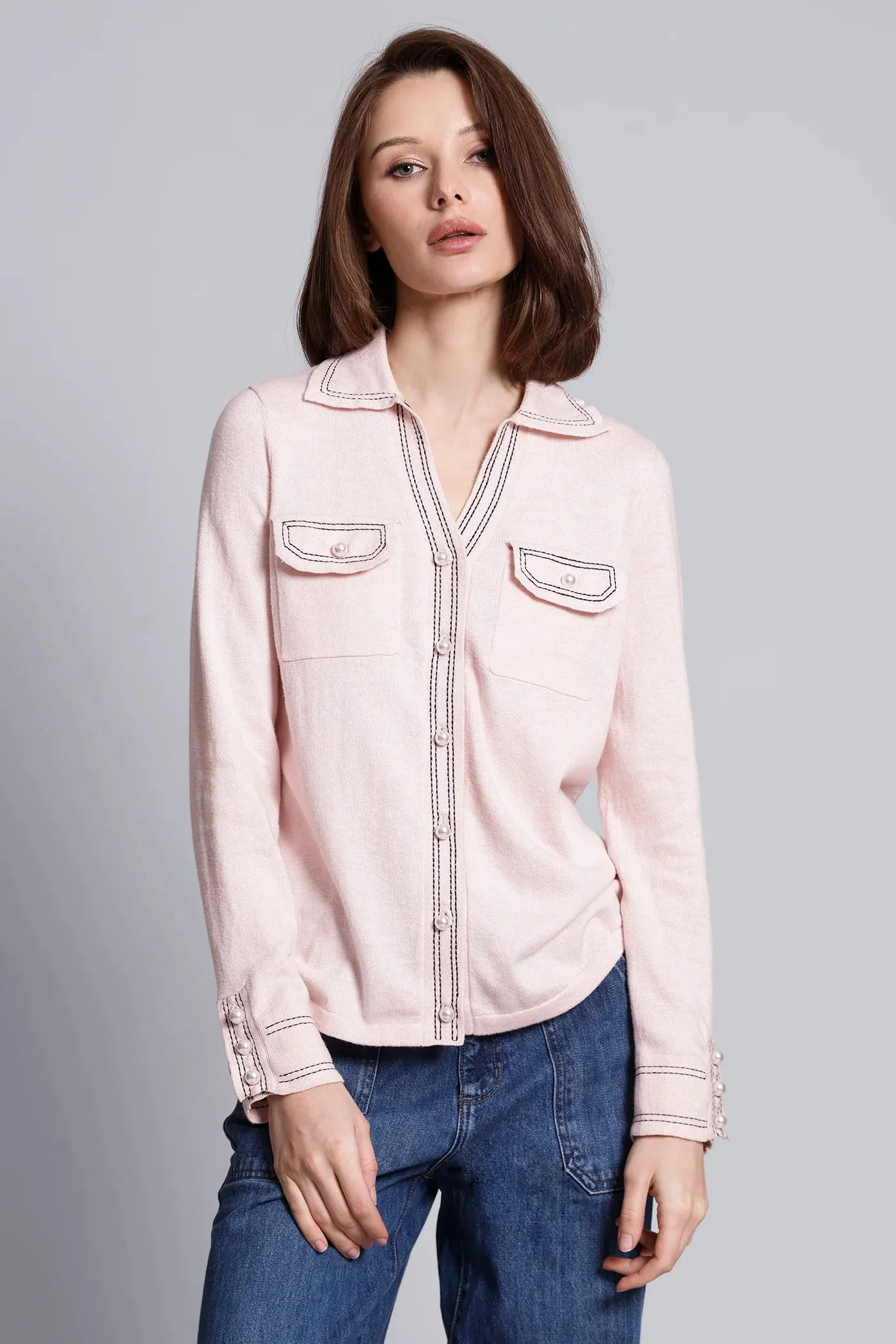 Minnie Rose Pearl Button Shirt with Stitching