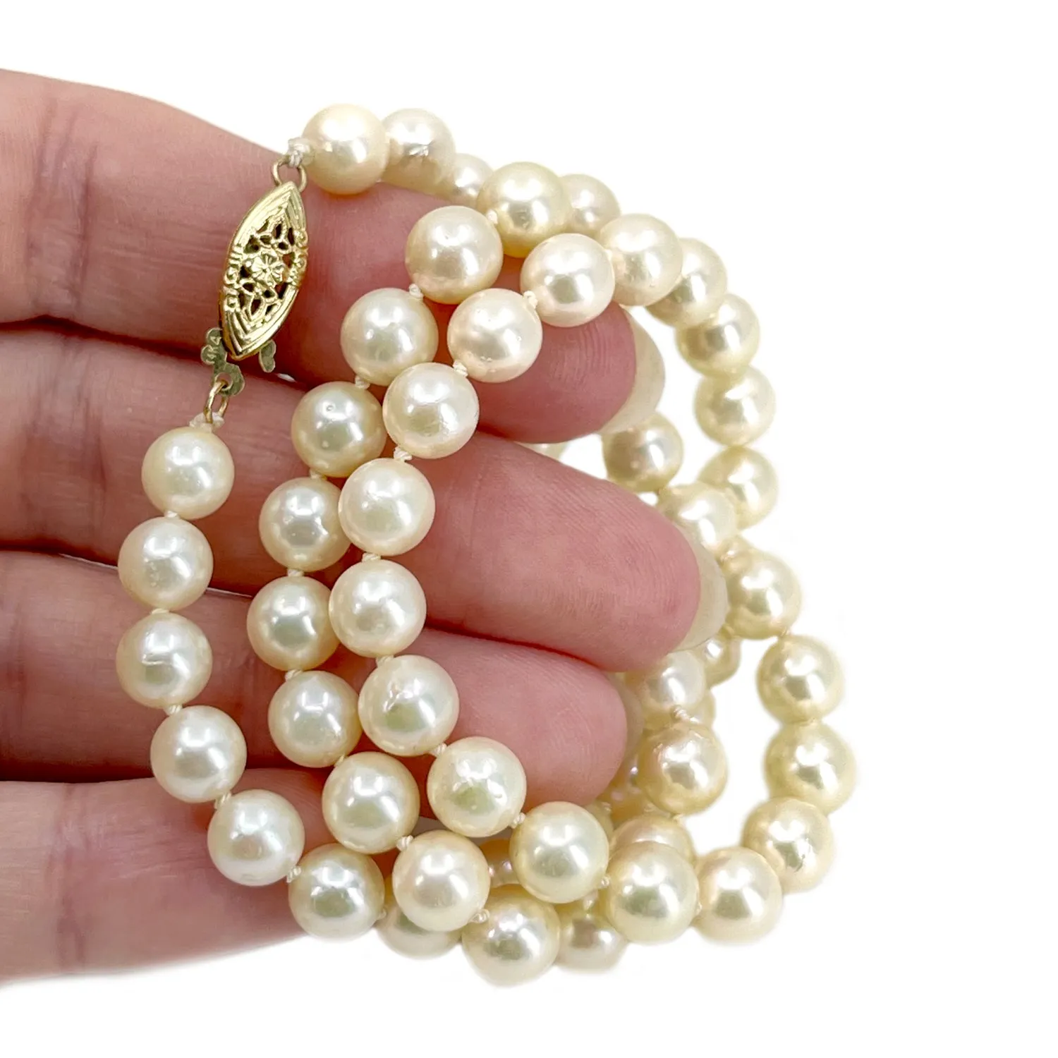 Murata Vintage Japanese Cultured Akoya Pearl Strand Necklace Box- 14K Yellow Gold 17.75 Inch