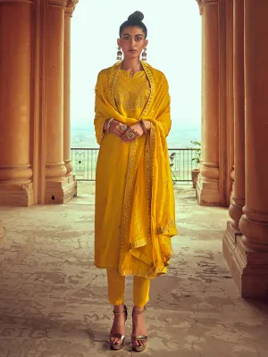 Mustard Straight Zardosi Work Kurta With Solid Pant & Embroidered Dupatta
