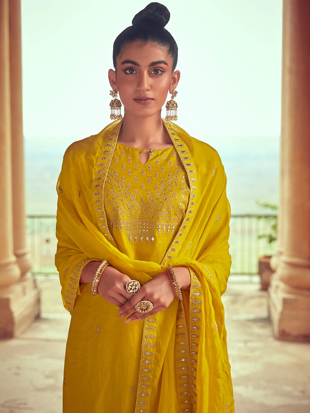 Mustard Straight Zardosi Work Kurta With Solid Pant & Embroidered Dupatta