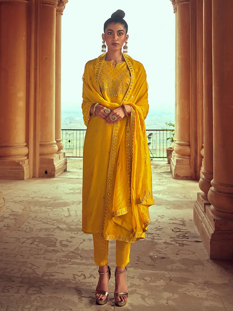 Mustard Straight Zardosi Work Kurta With Solid Pant & Embroidered Dupatta