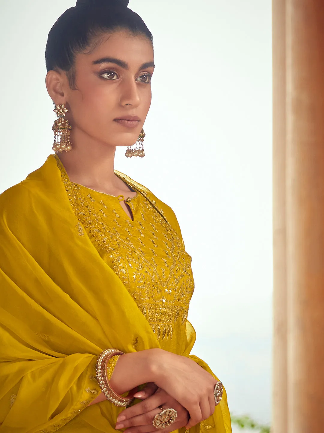 Mustard Straight Zardosi Work Kurta With Solid Pant & Embroidered Dupatta
