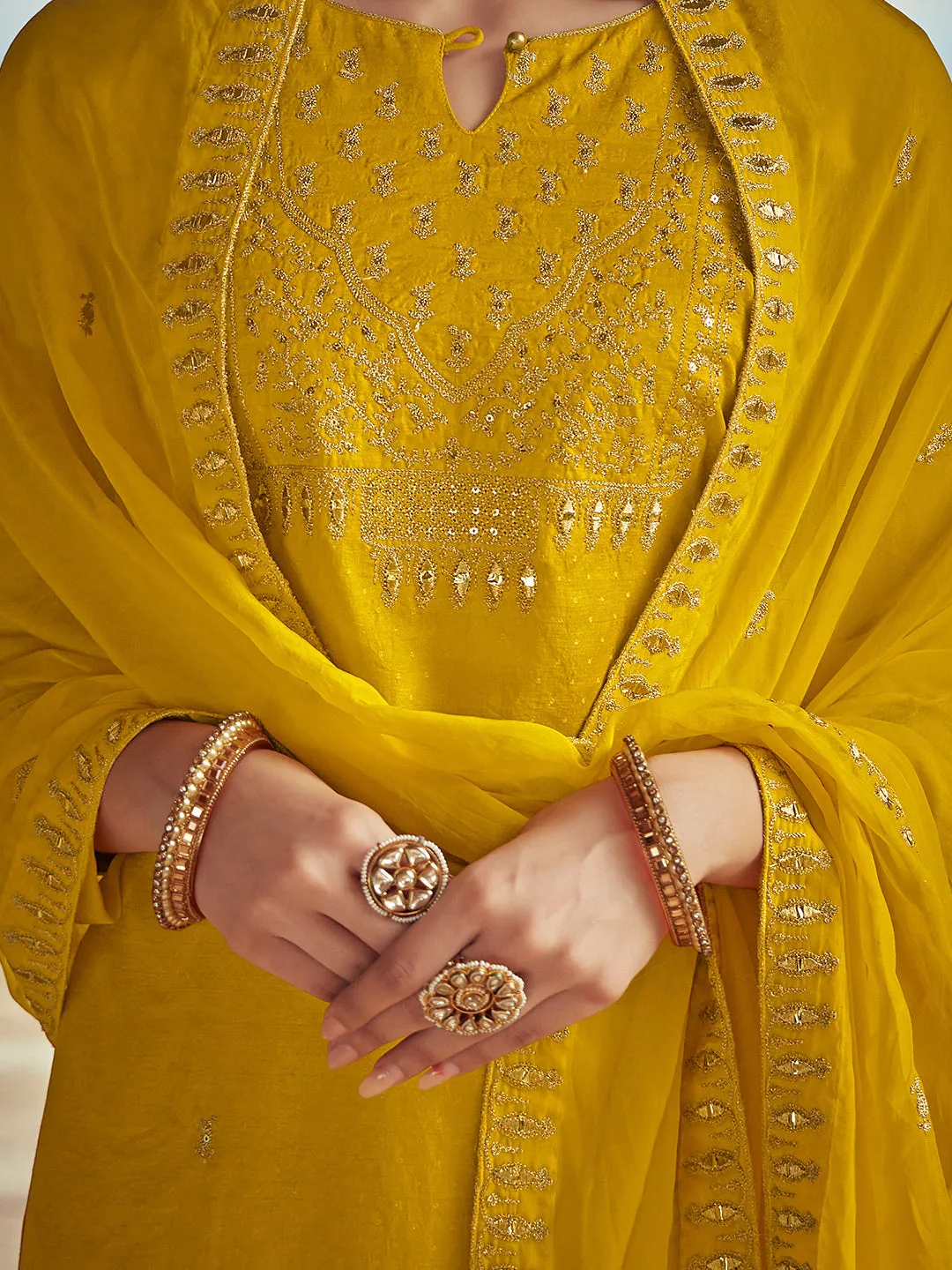 Mustard Straight Zardosi Work Kurta With Solid Pant & Embroidered Dupatta