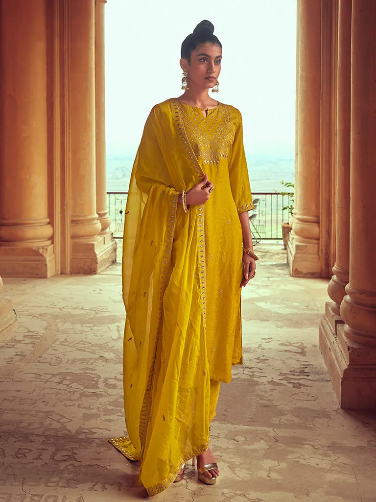 Mustard Straight Zardosi Work Kurta With Solid Pant & Embroidered Dupatta