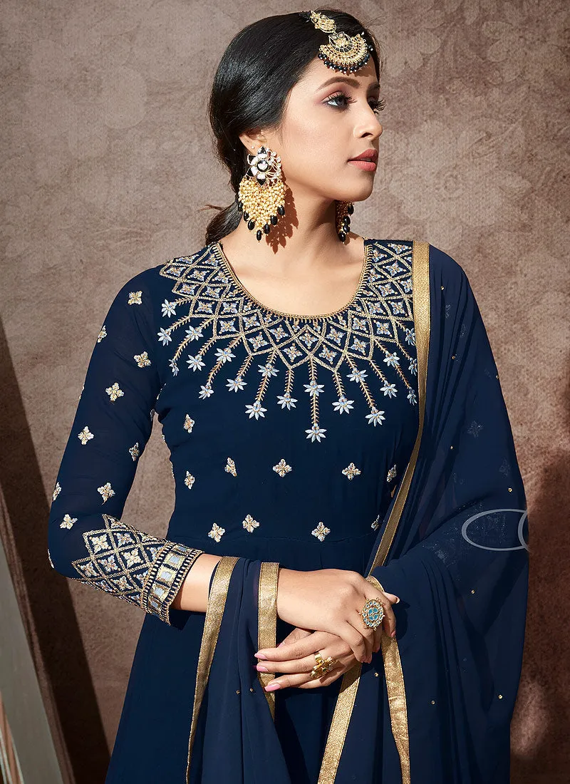 Navy Blue Embroidered Anarkali Suit