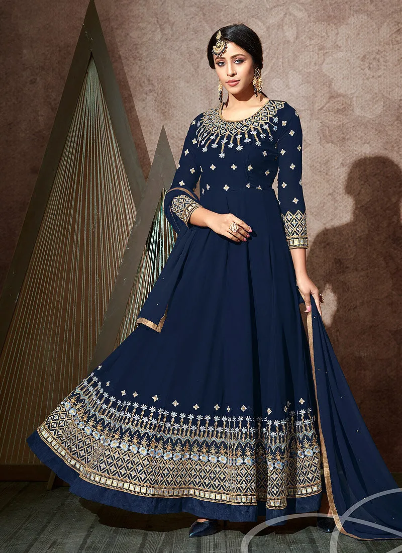 Navy Blue Embroidered Anarkali Suit