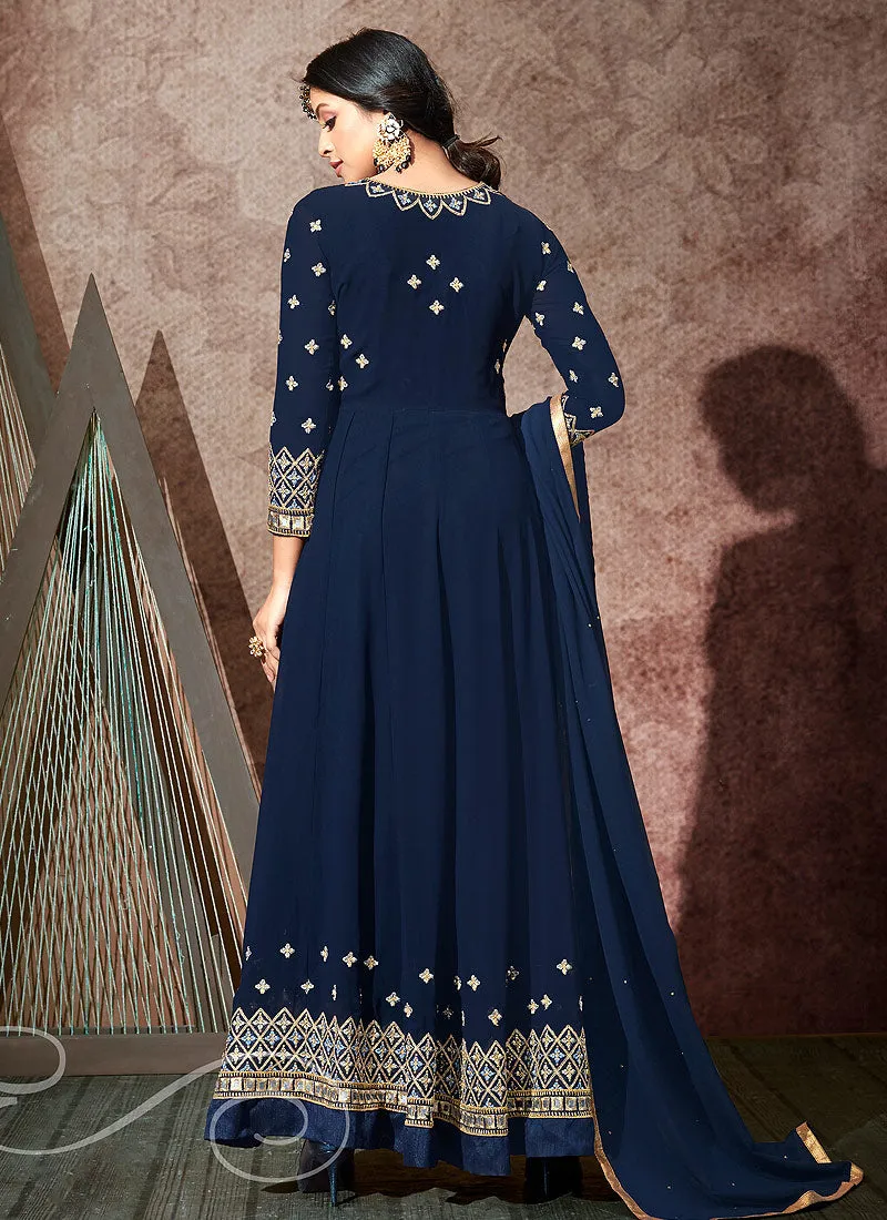 Navy Blue Embroidered Anarkali Suit