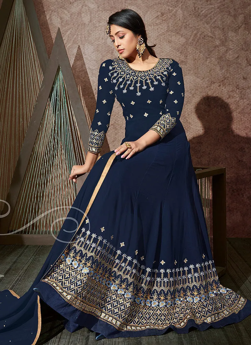 Navy Blue Embroidered Anarkali Suit