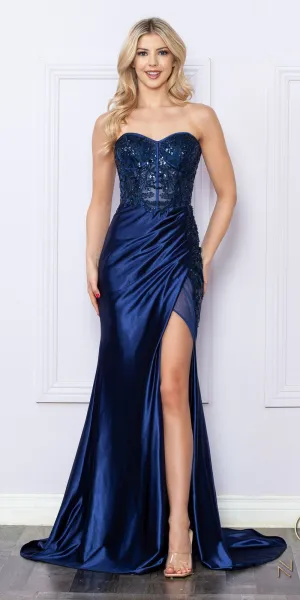 Nox Anabel E1284 Long Strapless Satin Sequin Boned Bodice Formal Gown