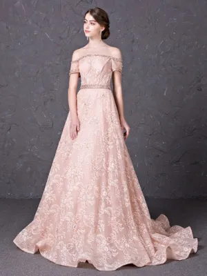 Off-the-Shoulder Lace Beading Evening Dress