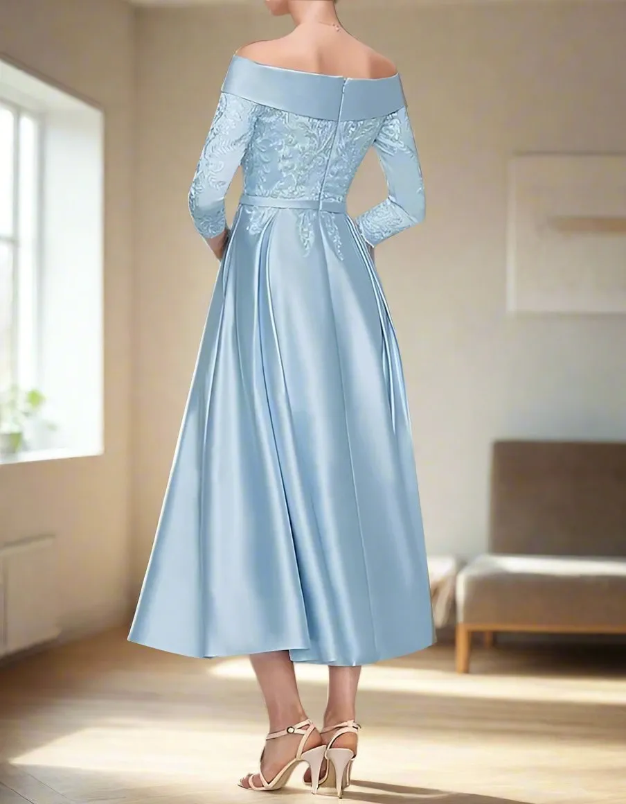 Off The Shoulder Tea Length Appliques Satin Wedding Guest Dresses